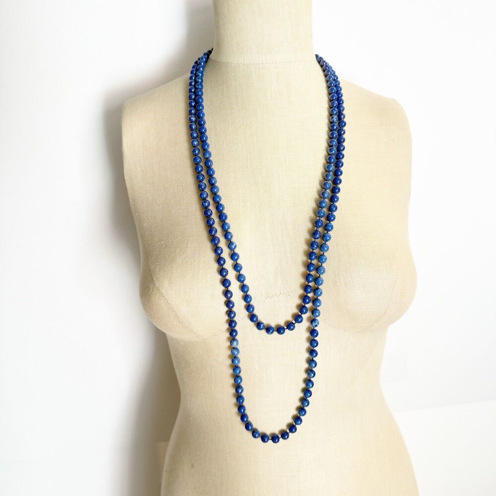 Long Blue Beaded Necklace Marbled Round Beads Double Strand Screw Clasp - Picture 9 of 12